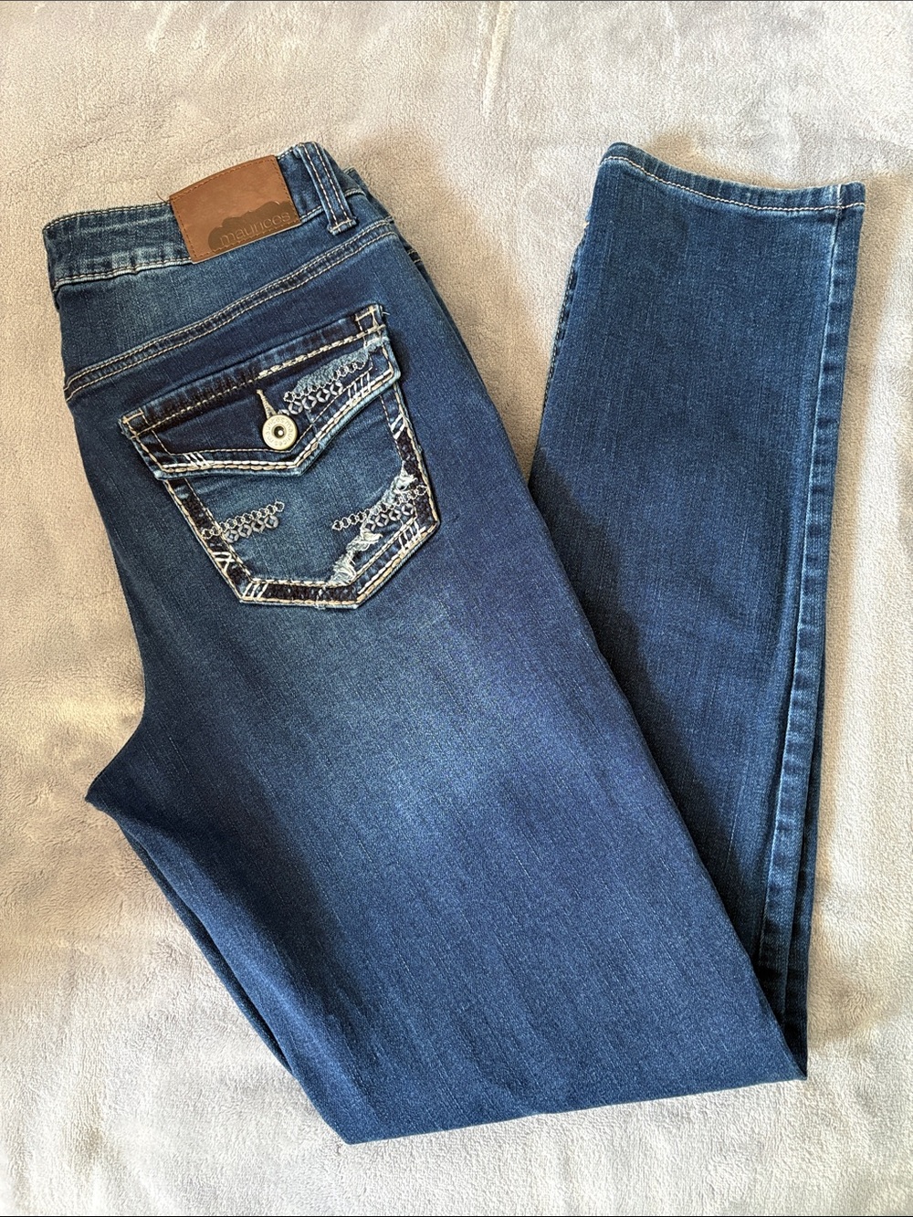 Maurices Dark Blue Skinny Jeans with Embellished Back Pocket